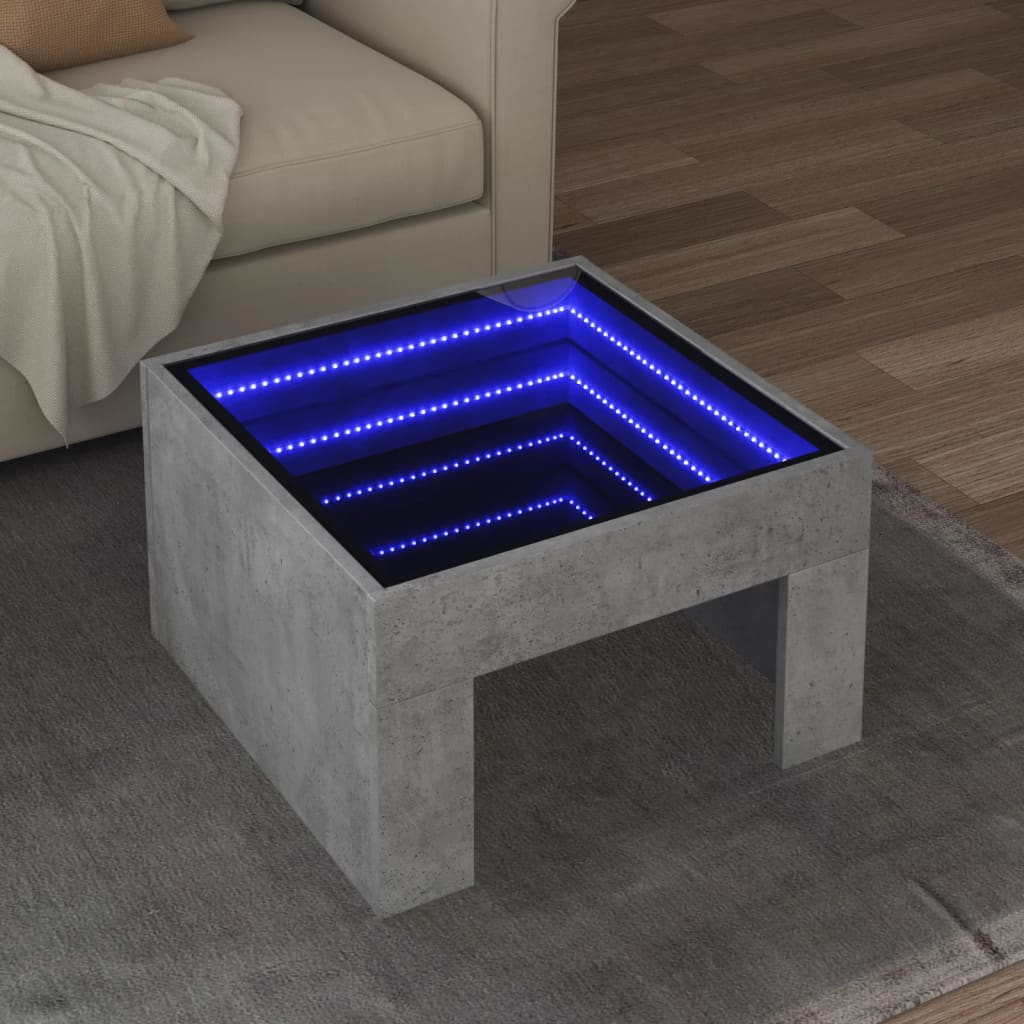 Măsuță de cafea cu LED infinity, gri beton, 50x50x30 cm