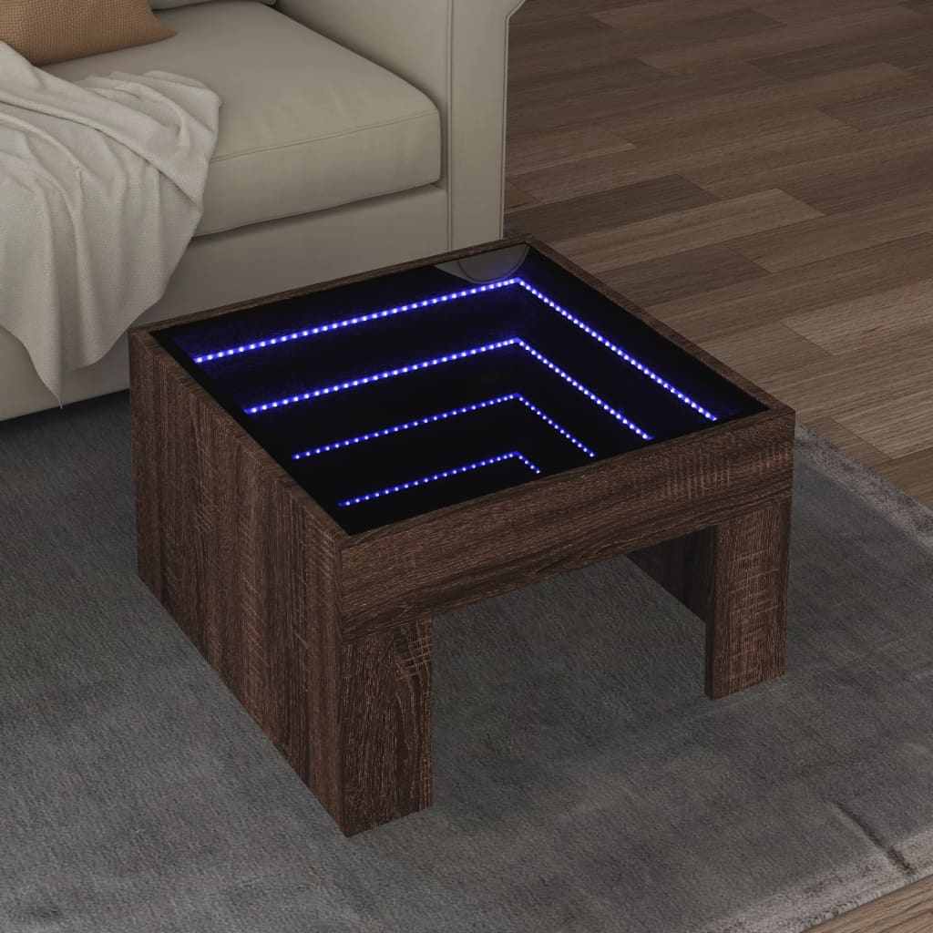 Măsuță de cafea cu LED infinity, stejar maro, 50x50x30 cm