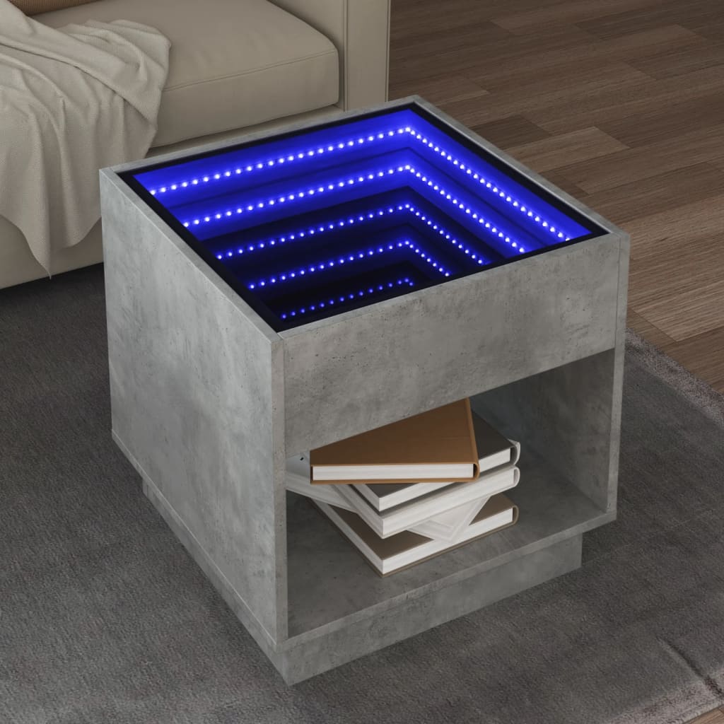 Măsuță de cafea cu LED infinity, gri beton, 50x50x50 cm