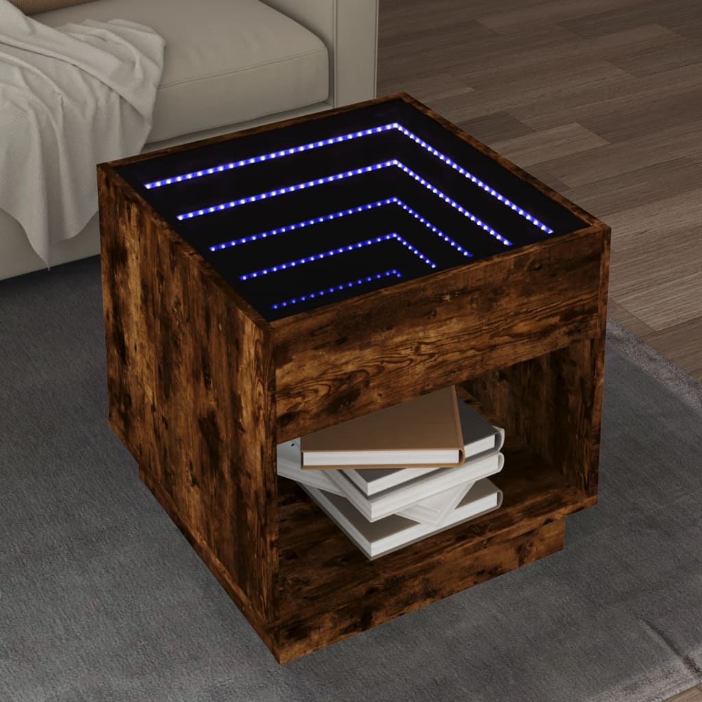 Măsuță de cafea cu LED infinity, stejar fumuriu, 50x50x50 cm