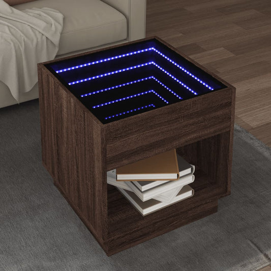 Măsuță de cafea cu LED infinity, stejar maro, 50x50x50 cm