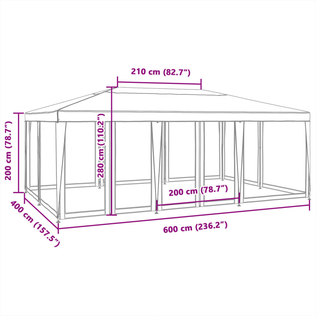 Cort de petrecere cu 10 pereți din plasă, alb, 6x4 m, HDPE