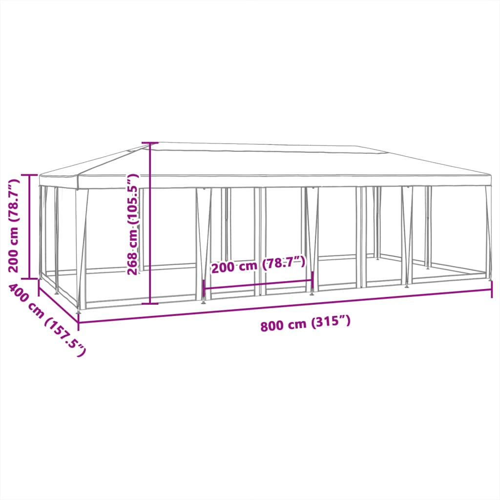 Cort de petrecere cu 12 pereți din plasă, alb, 8x4 m, HDPE