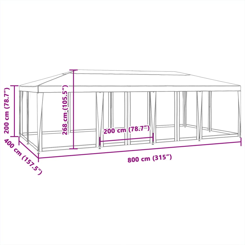 Cort de petrecere cu 12 pereți din plasă, roșu, 8x4 m, HDPE