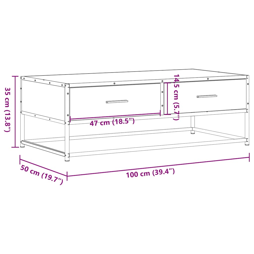 Măsuță de cafea stejar fumuriu 100x50x35cm lemn prelucrat/metal