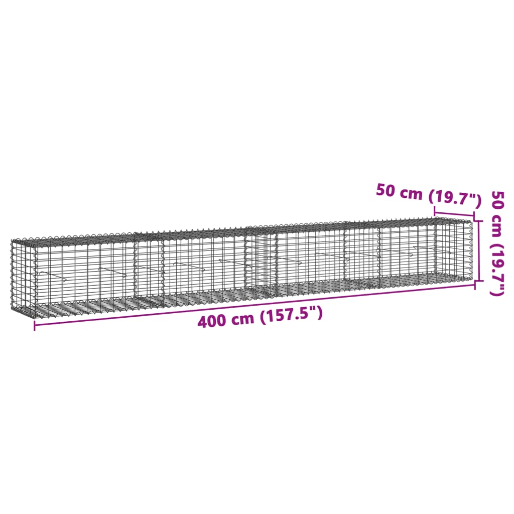 Coș gabion cu capac, argintiu, 400x50x50 cm, fier galvanizat