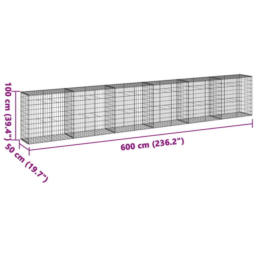 Coș gabion cu capac, argintiu, 600x50x100 cm, fier galvanizat