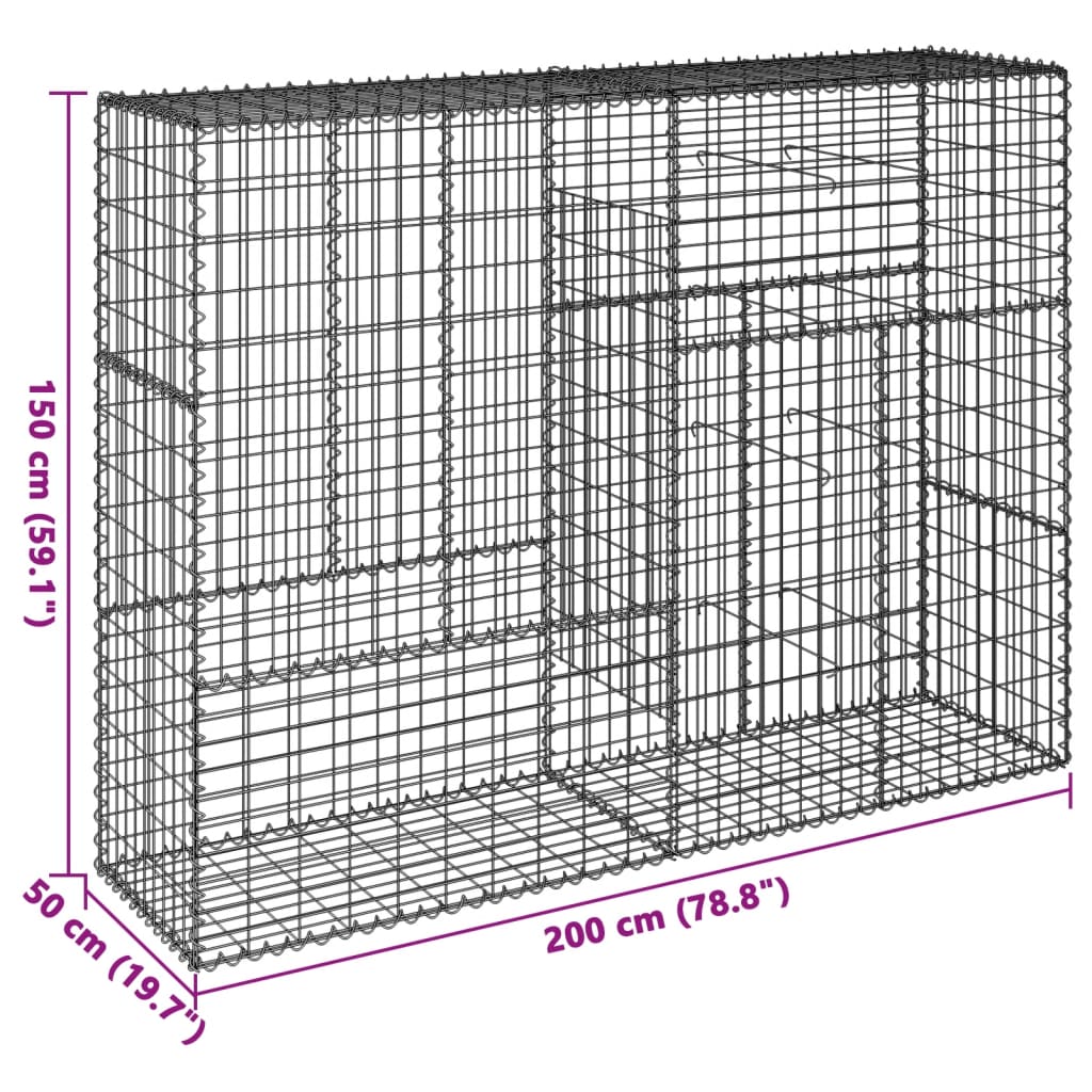 Coș gabion cu capac, 200x50x150 cm, fier galvanizat