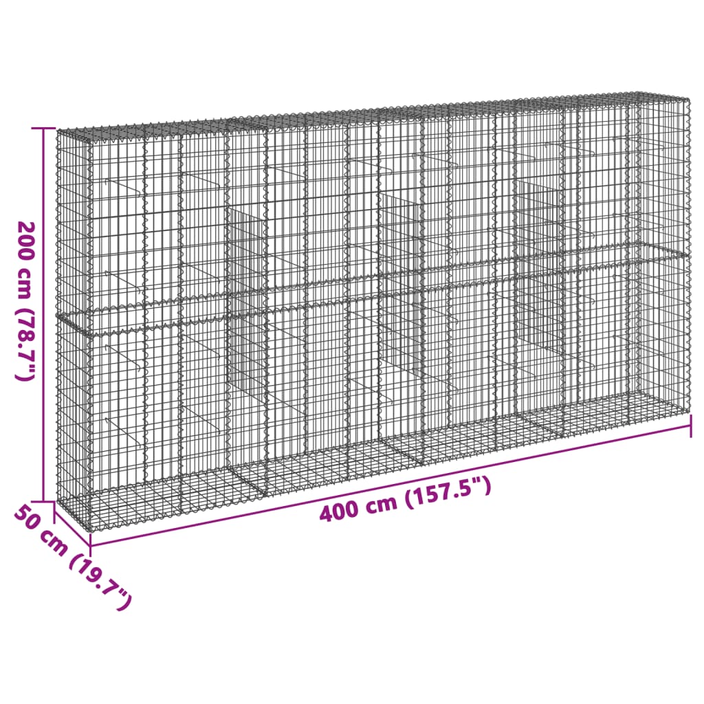 Coș gabion cu capac, 400x50x200 cm, fier galvanizat