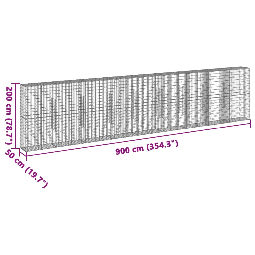 Coș gabion cu capac, argintiu, 900x50x200 cm, fier galvanizat