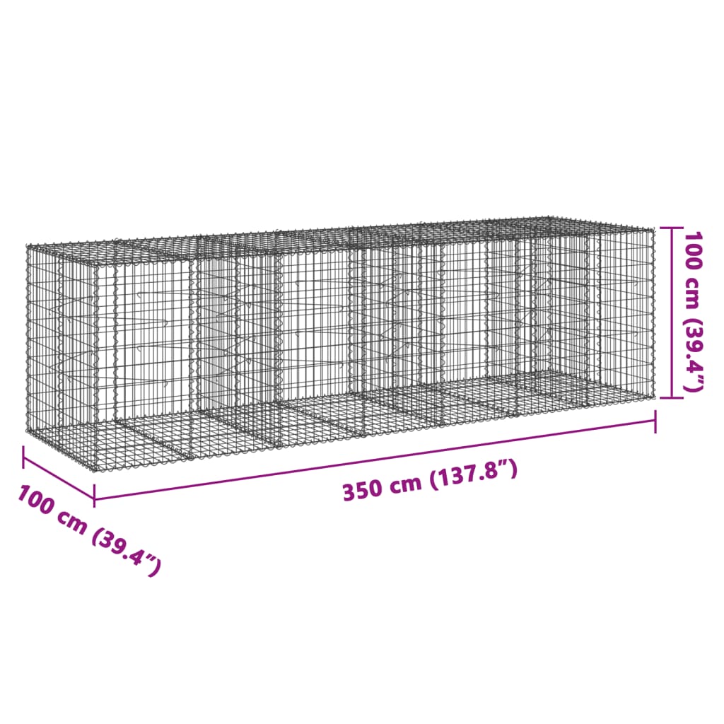 Coș gabion cu capac, 350x100x100 cm, fier galvanizat