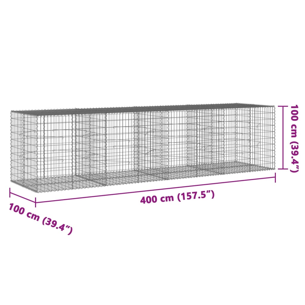 Coș gabion cu capac, 400x100x100 cm, fier galvanizat