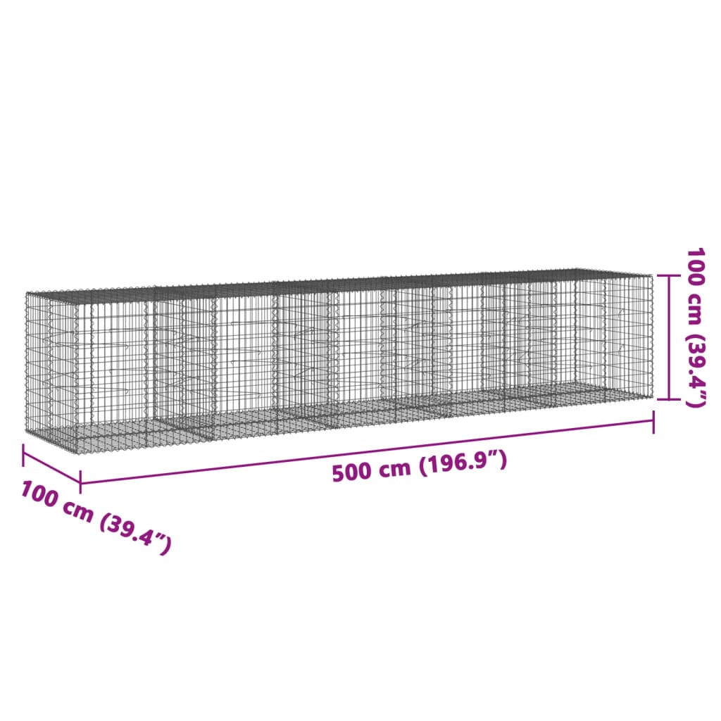 Coș gabion cu capac, 500x100x100 cm, fier galvanizat