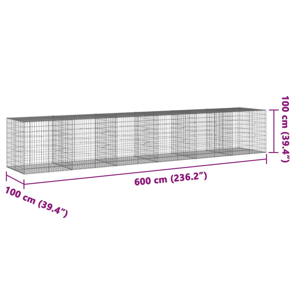 Coș gabion cu capac, 600x100x100 cm, fier galvanizat