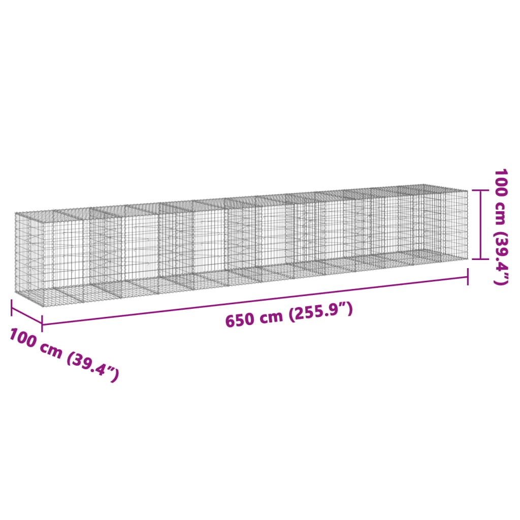 Coș gabion cu capac, 650x100x100 cm, fier galvanizat