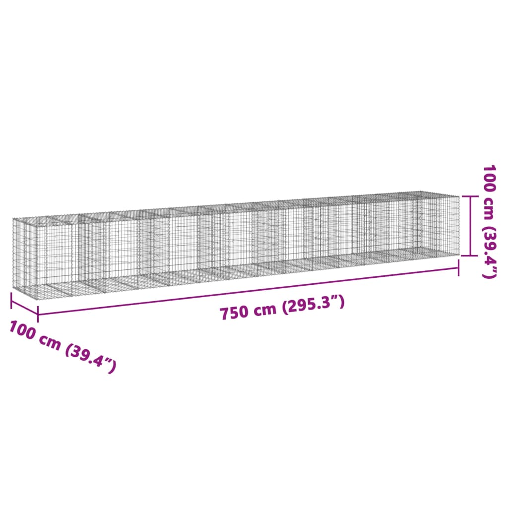 Coș gabion cu capac, 750x100x100 cm, fier galvanizat