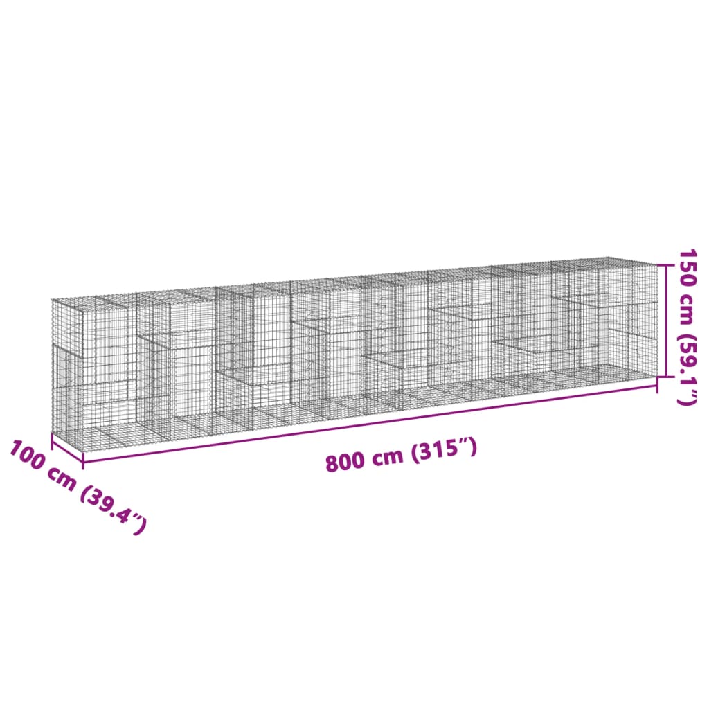 Coș gabion cu capac, 800x100x150 cm, fier galvanizat