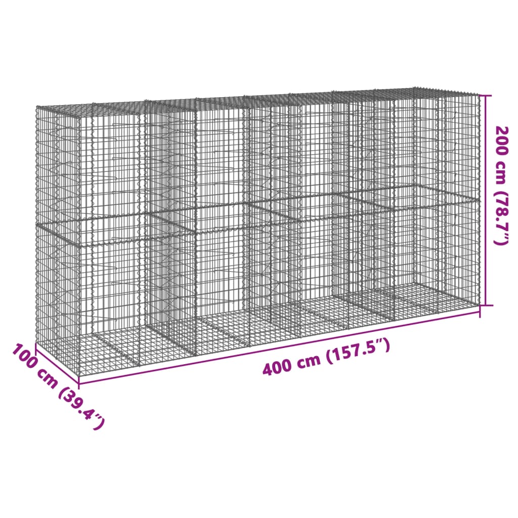 Coș gabion cu capac, 400x100x200 cm, fier galvanizat