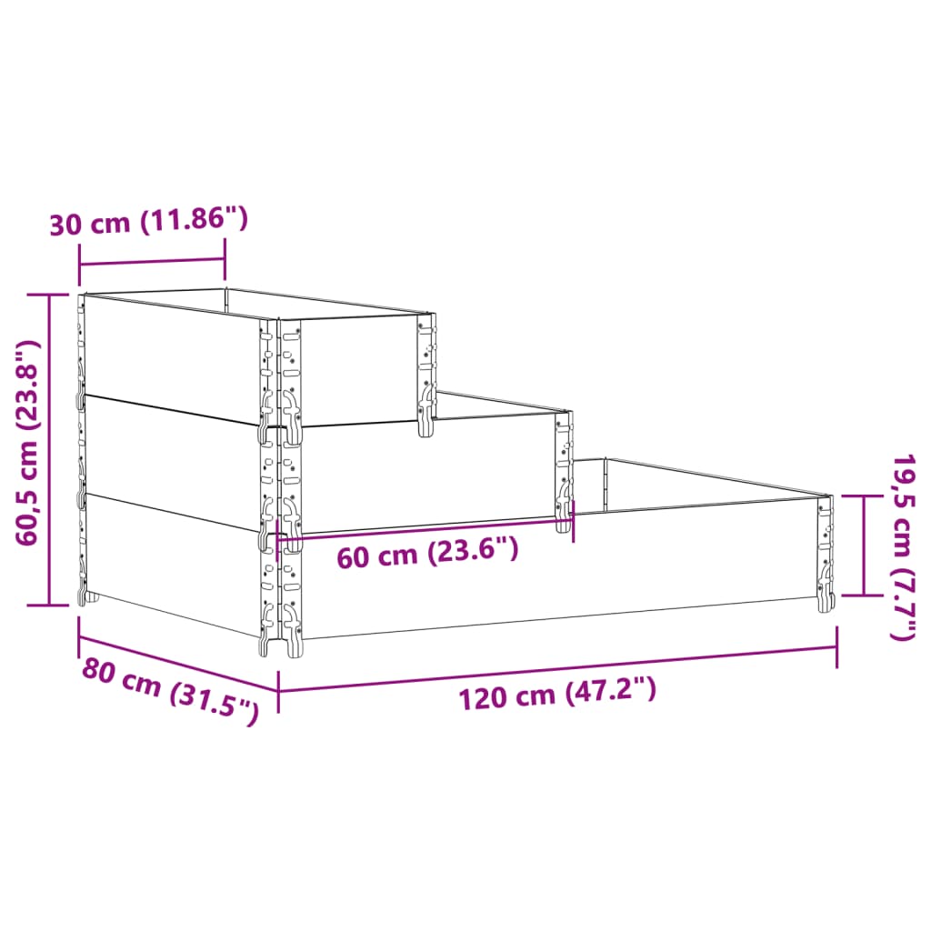 Strat înălțat cu 3 niveluri, gri, 120x80 cm, lemn masiv pin