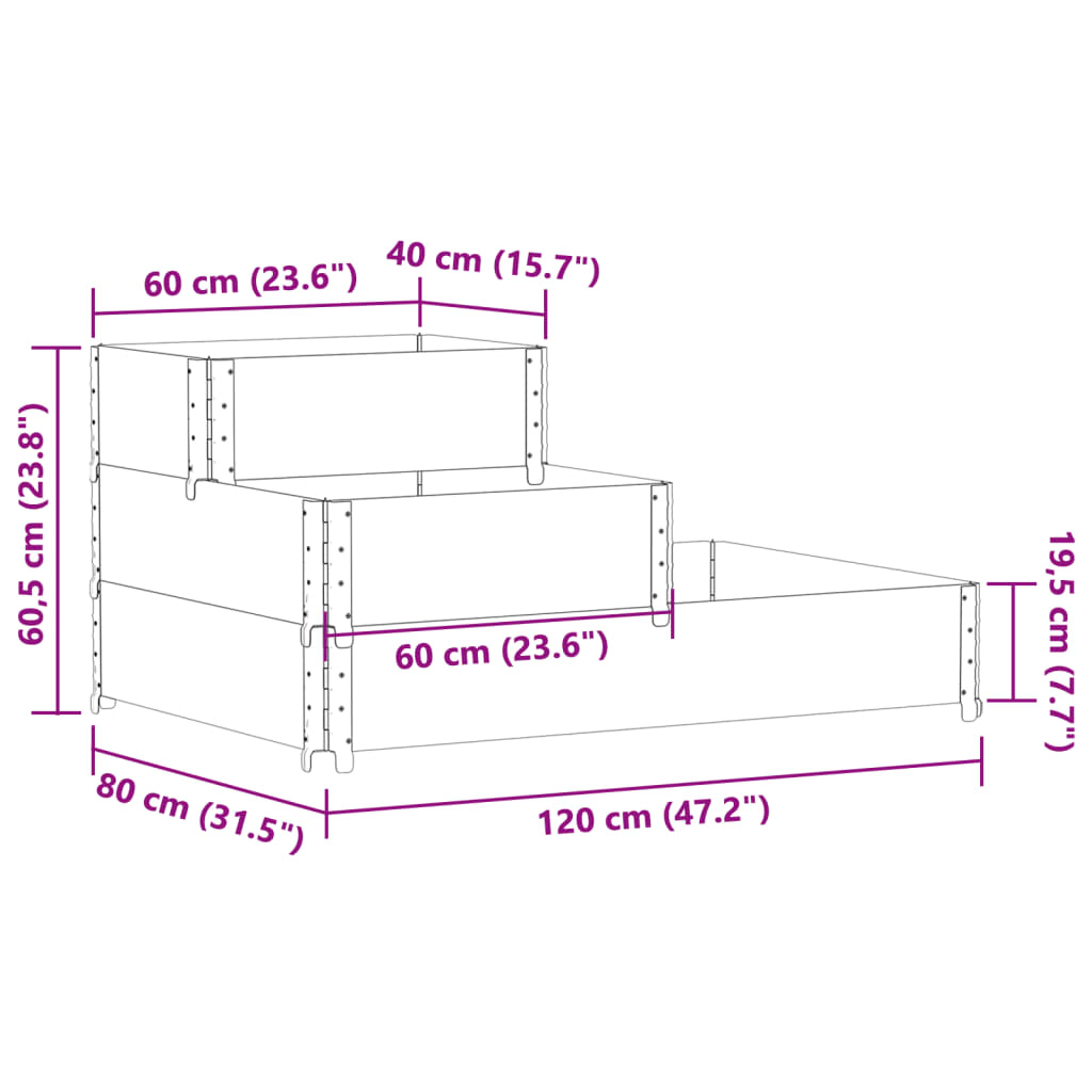 Strat înălțat cu 3 niveluri, 120x80 cm, lemn masiv de pin