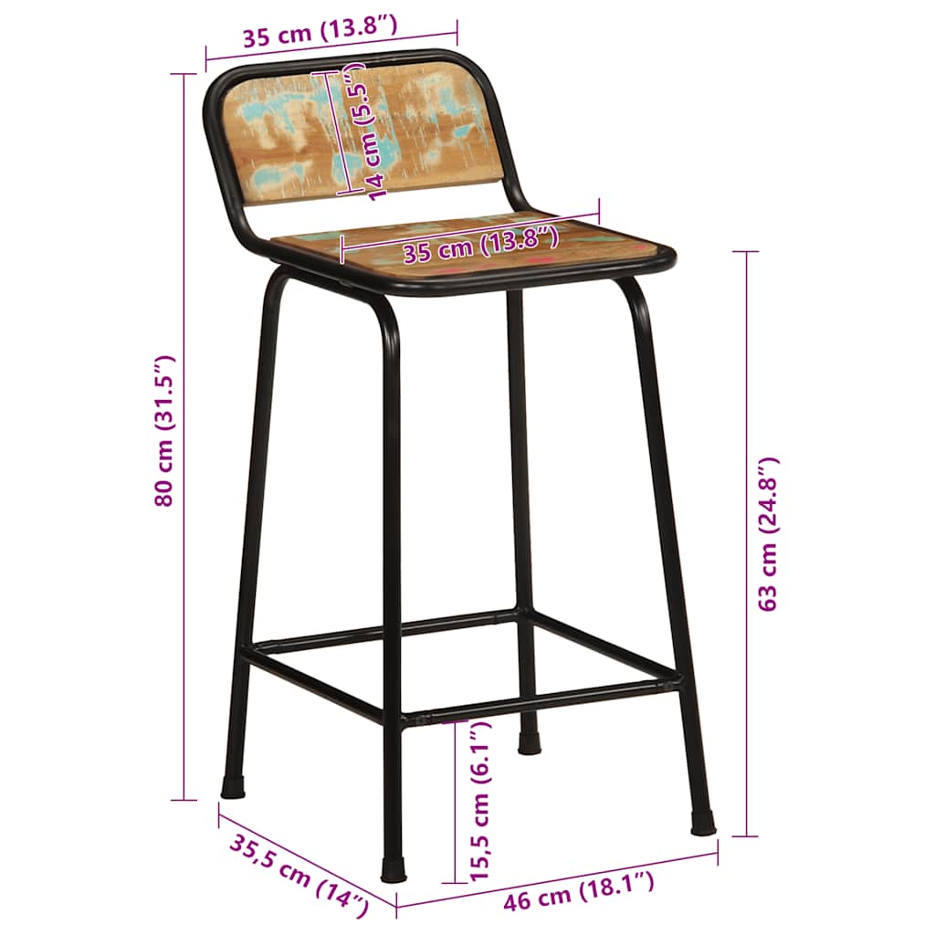 Scaune de bar 2 buc 46x35,5x80 cm lemn masiv recuperat