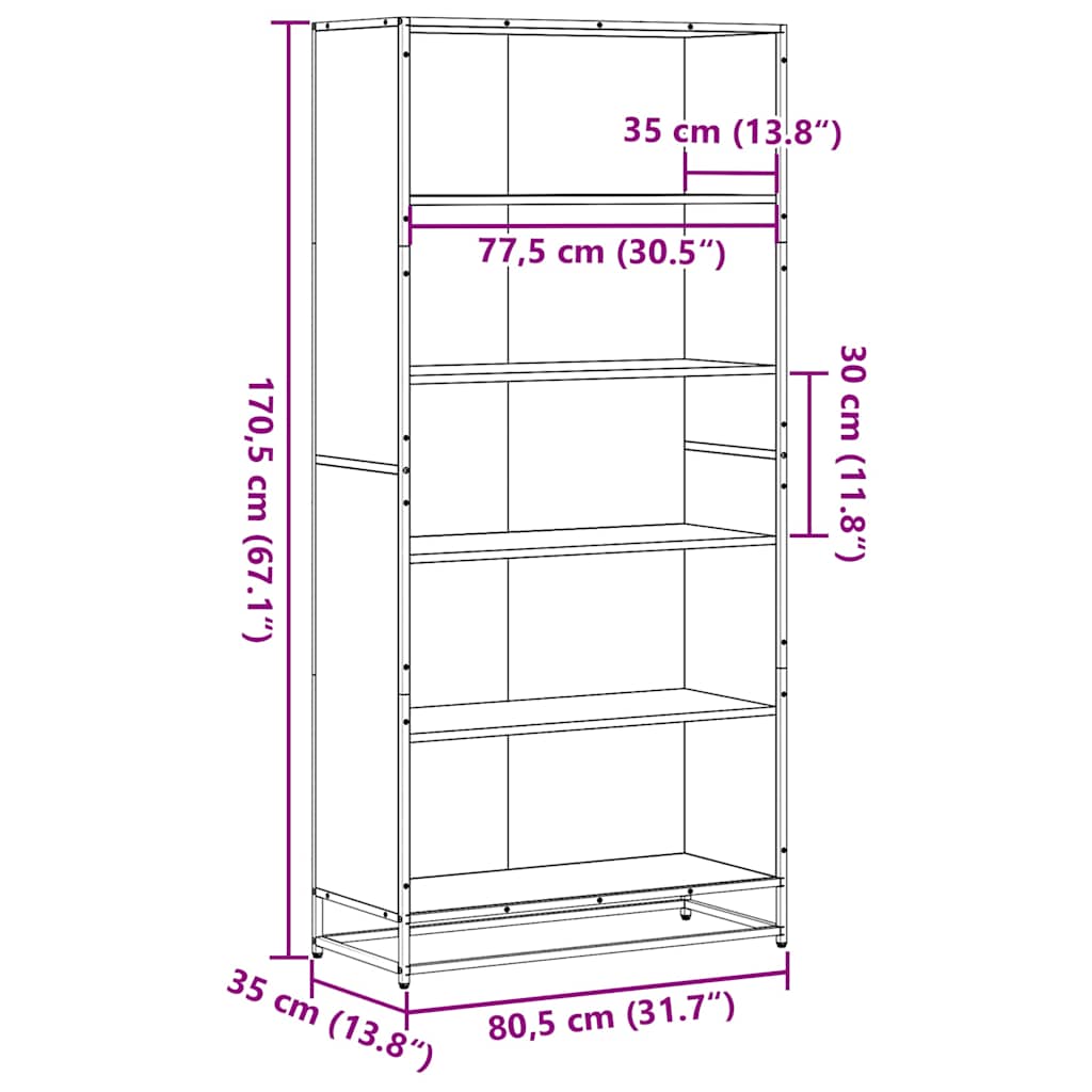 Bibliotecă, negru, 80,5x35x170,5 cm, lemn prelucrat