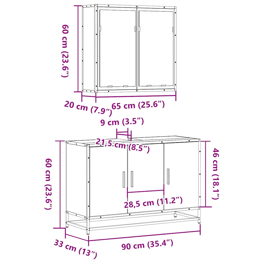 Set mobilier de baie, 2 piese, gri sonoma, lemn prelucrat