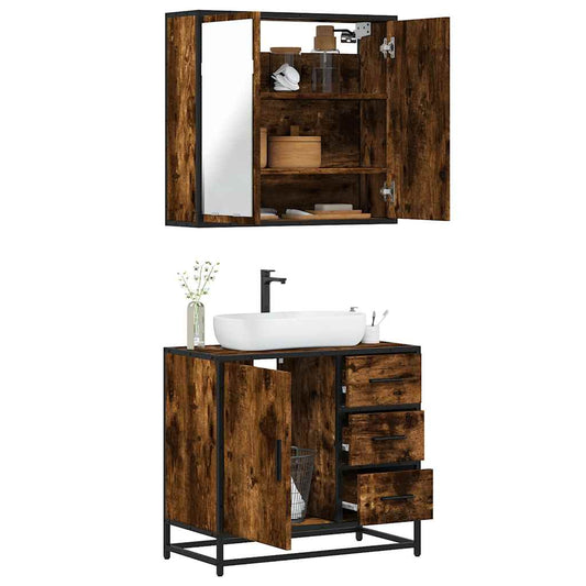 Set mobilier de baie, 2 piese, stejar fumuriu, lemn prelucrat