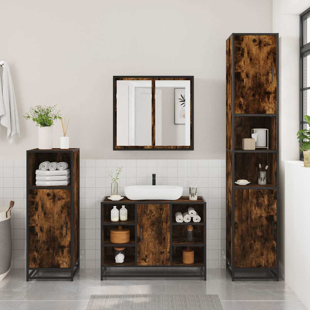 Set mobilier de baie, 2 piese, stejar fumuriu, lemn prelucrat