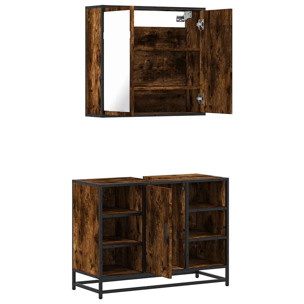 Set mobilier de baie, 2 piese, stejar fumuriu, lemn prelucrat