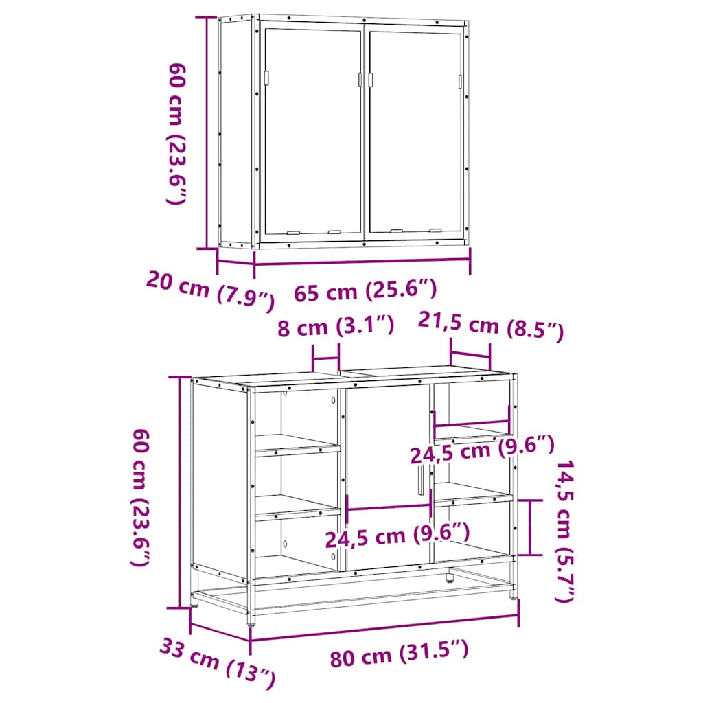 Set mobilier de baie, 2 piese, stejar fumuriu, lemn prelucrat