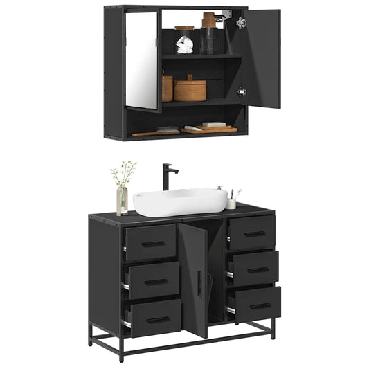 Set mobilier de baie, 2 piese, negru, lemn compozit