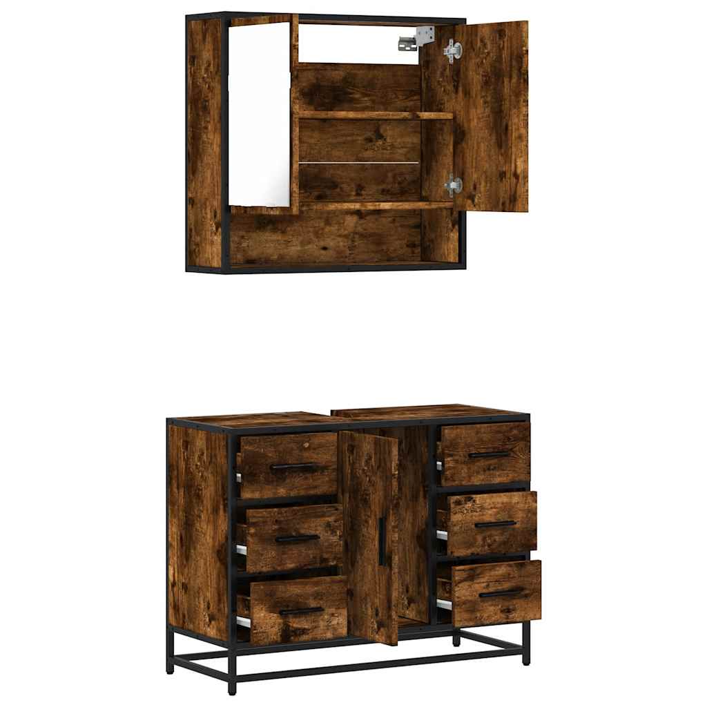 Set mobilier de baie, 2 piese, stejar fumuriu, lemn prelucrat