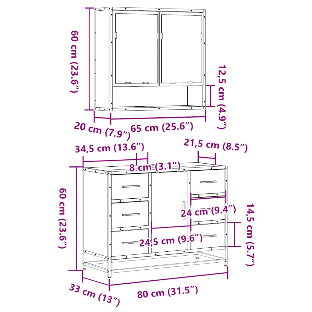 Set mobilier de baie, 2 piese, gri sonoma, lemn prelucrat