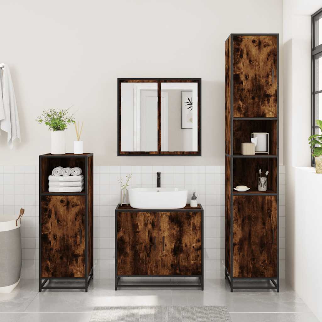 Set mobilier de baie, 3 piese, stejar fumuriu, lemn prelucrat