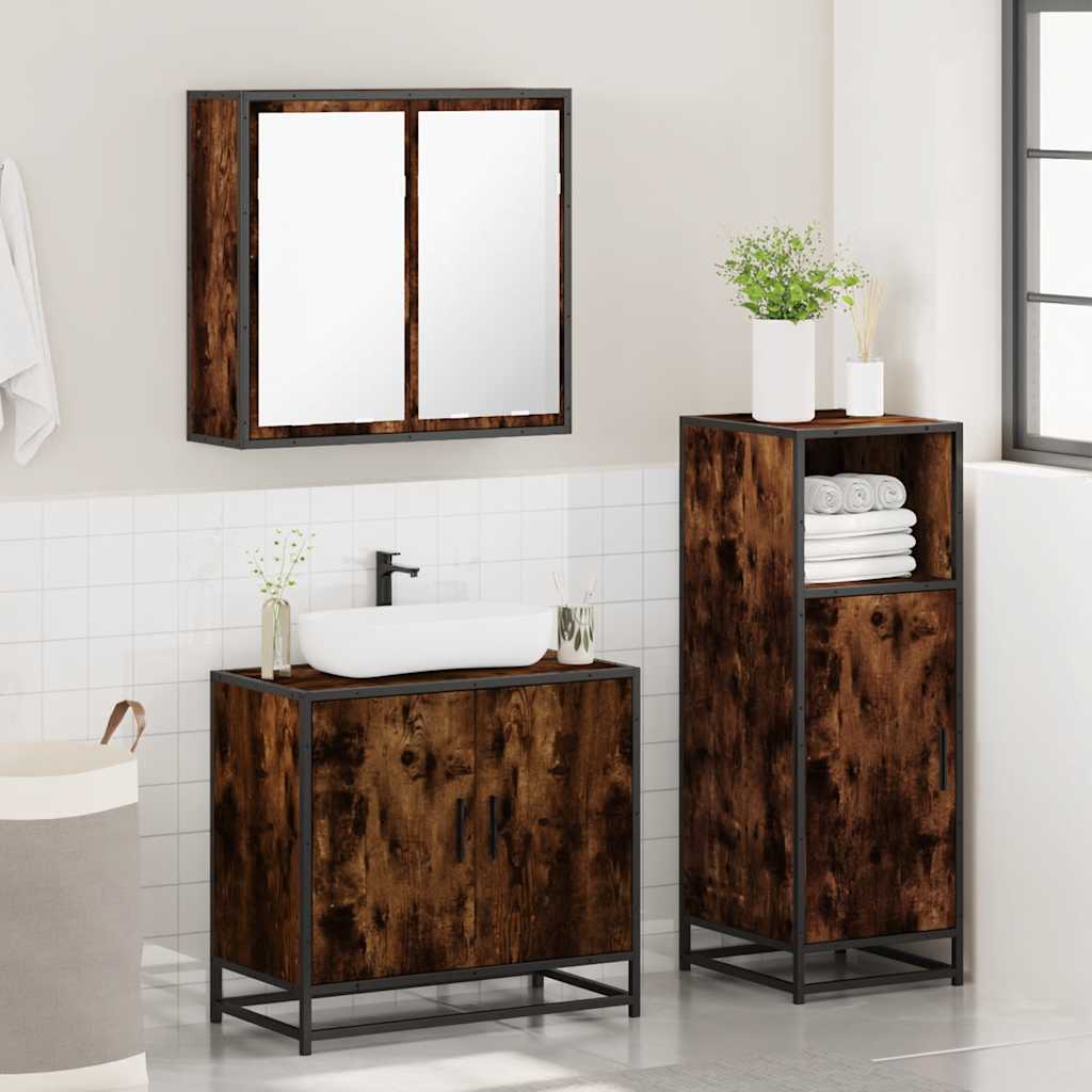 Set mobilier de baie, 3 piese, stejar fumuriu, lemn prelucrat