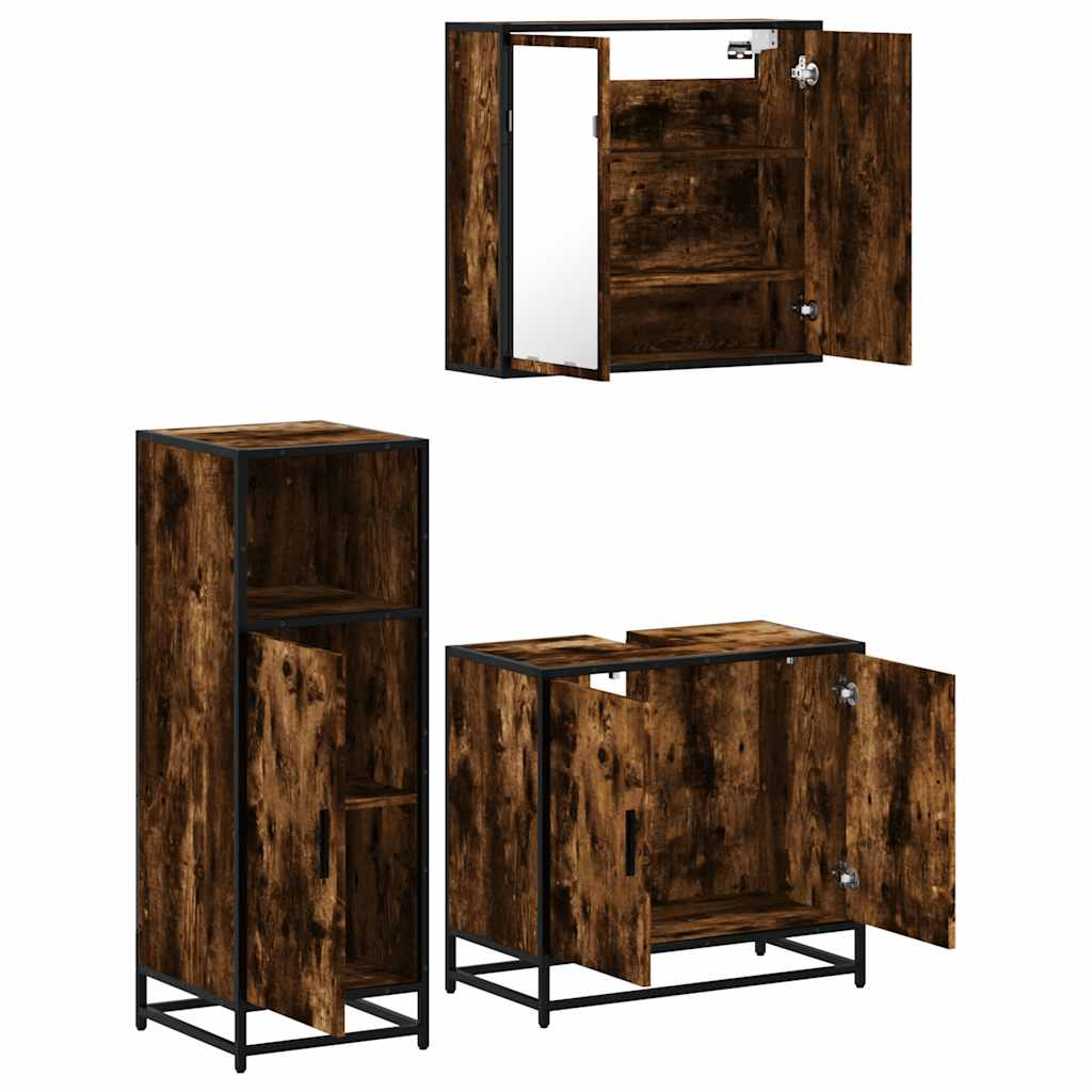 Set mobilier de baie, 3 piese, stejar fumuriu, lemn prelucrat