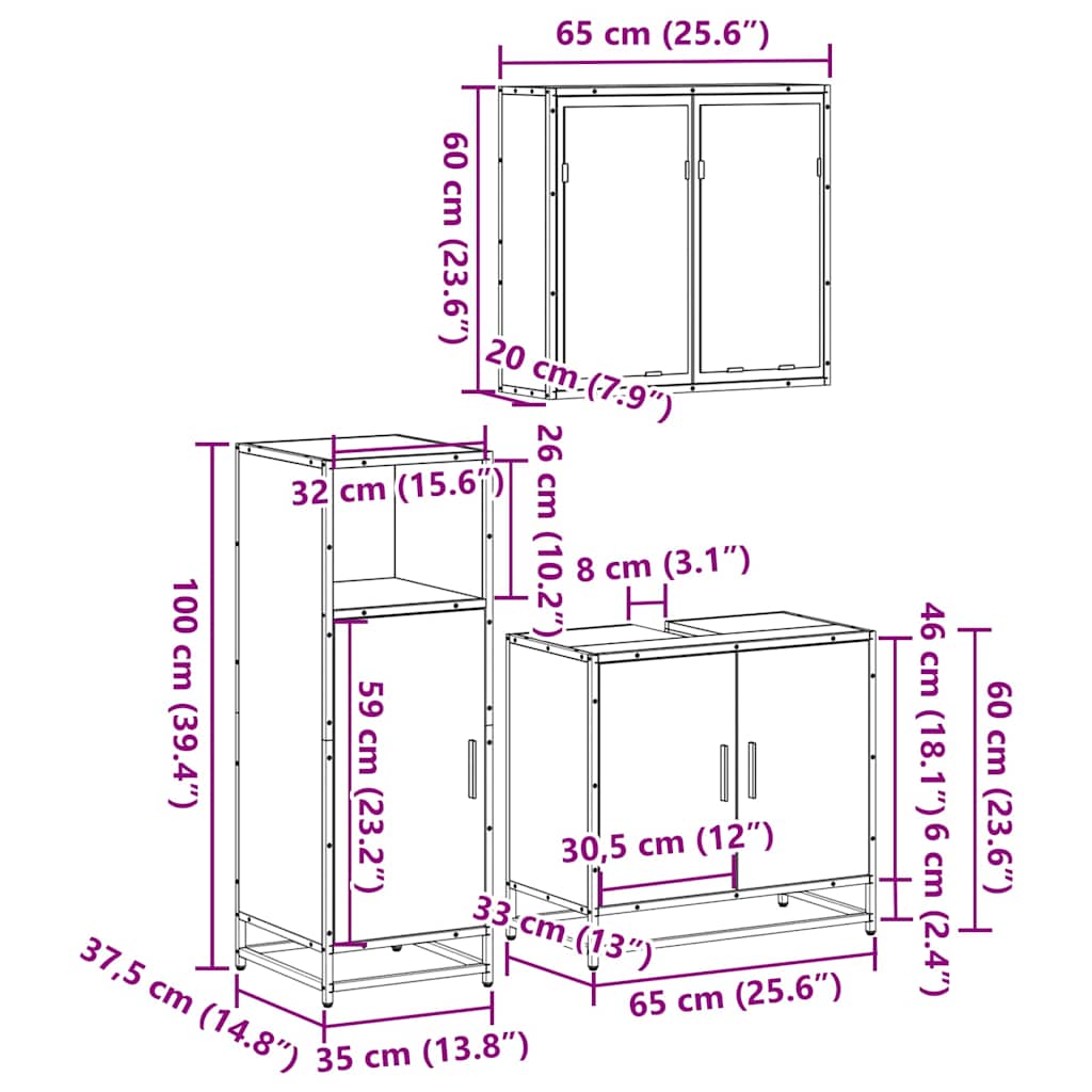 Set mobilier de baie, 3 piese, stejar fumuriu, lemn prelucrat