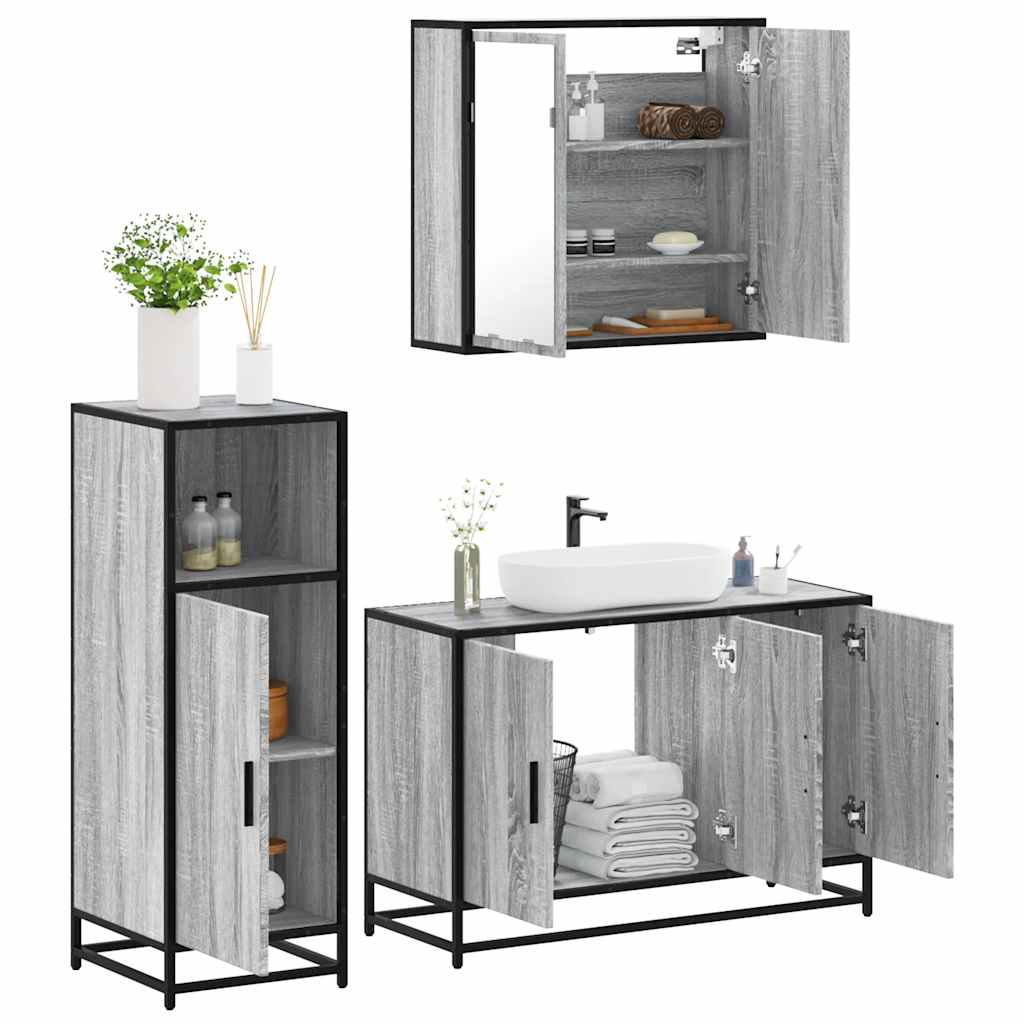 Set mobilier de baie, 3 piese, gri sonoma, lemn prelucrat