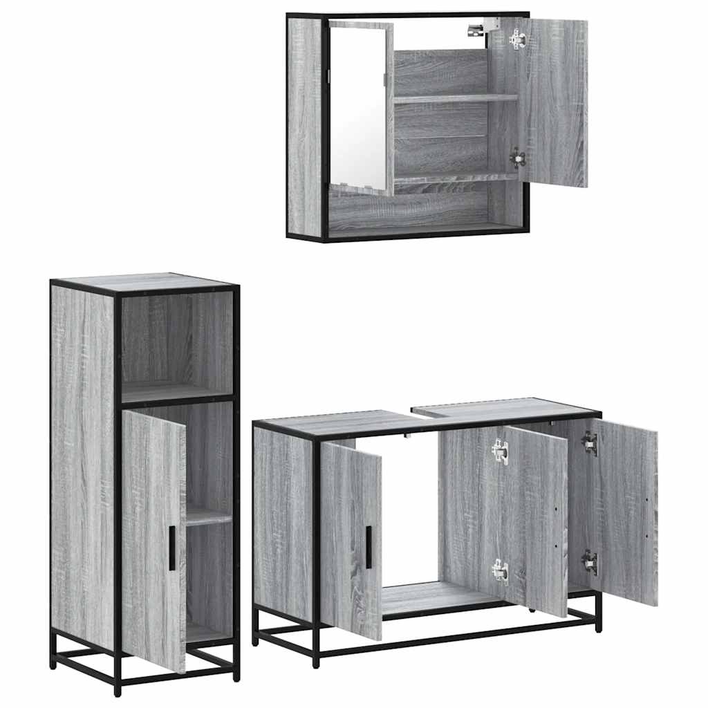 Set mobilier de baie, 3 piese, gri sonoma, lemn prelucrat