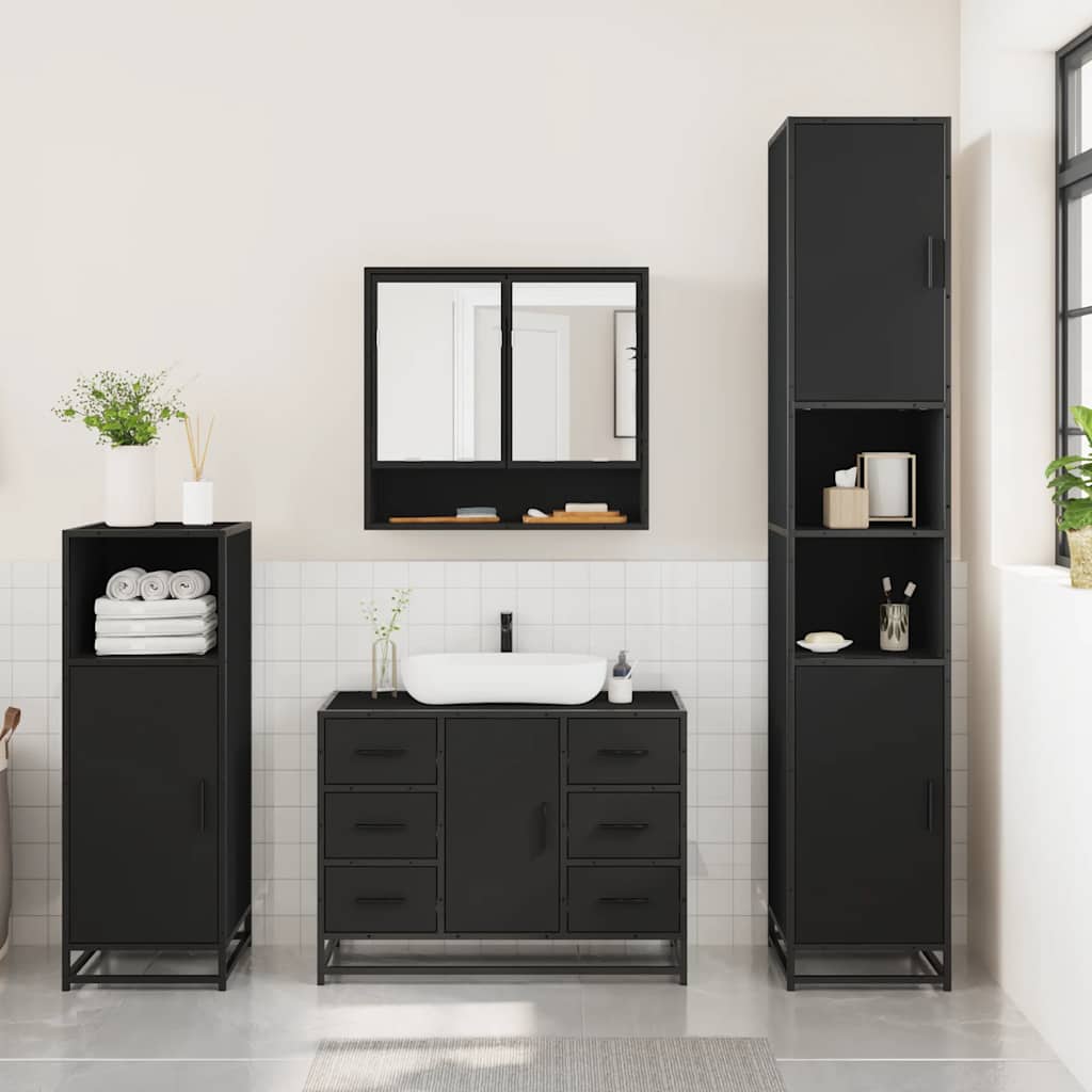 Set mobilier de baie, 3 piese, negru, lemn compozit