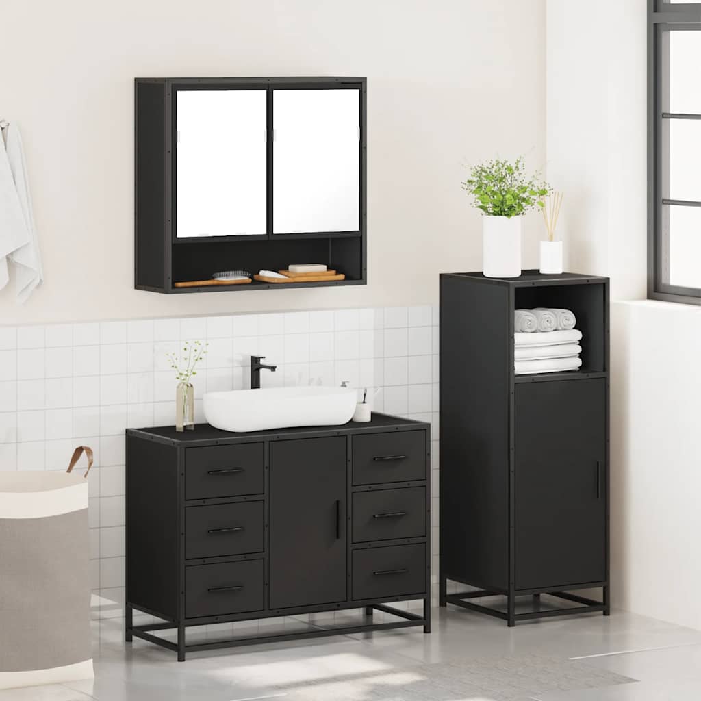 Set mobilier de baie, 3 piese, negru, lemn compozit