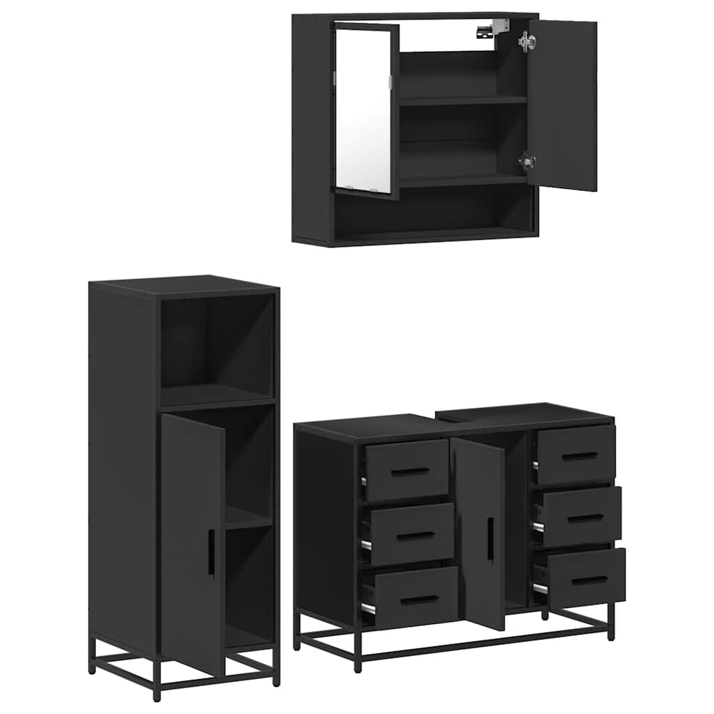 Set mobilier de baie, 3 piese, negru, lemn compozit