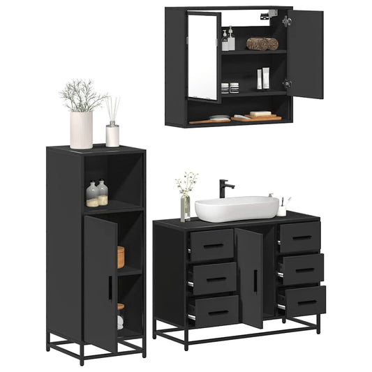 Set mobilier de baie, 3 piese, negru, lemn compozit