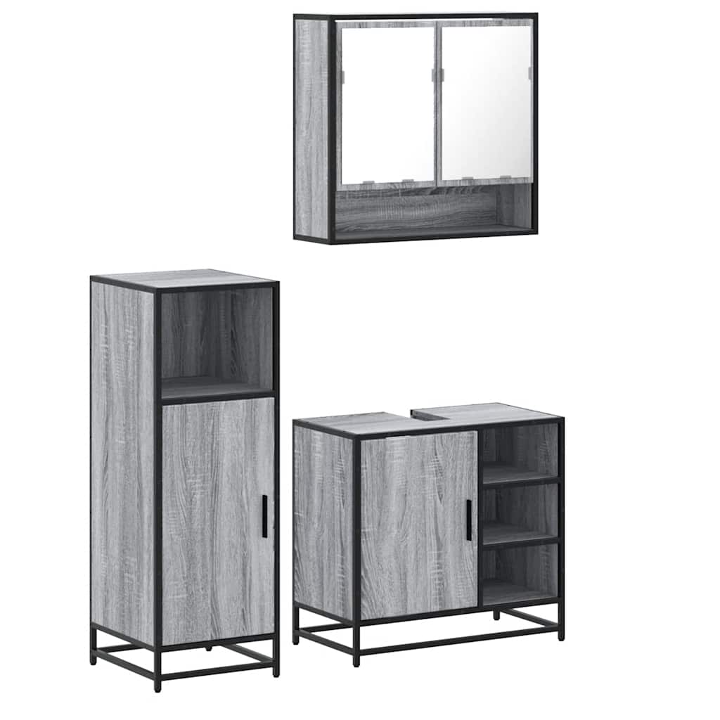 Set mobilier de baie, 3 piese, gri sonoma, lemn prelucrat