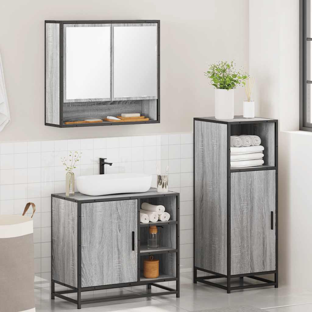 Set mobilier de baie, 3 piese, gri sonoma, lemn prelucrat