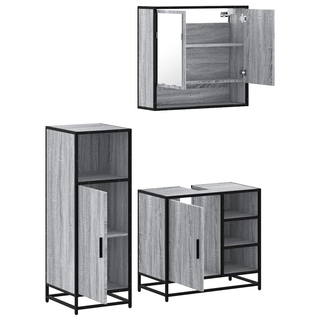 Set mobilier de baie, 3 piese, gri sonoma, lemn prelucrat