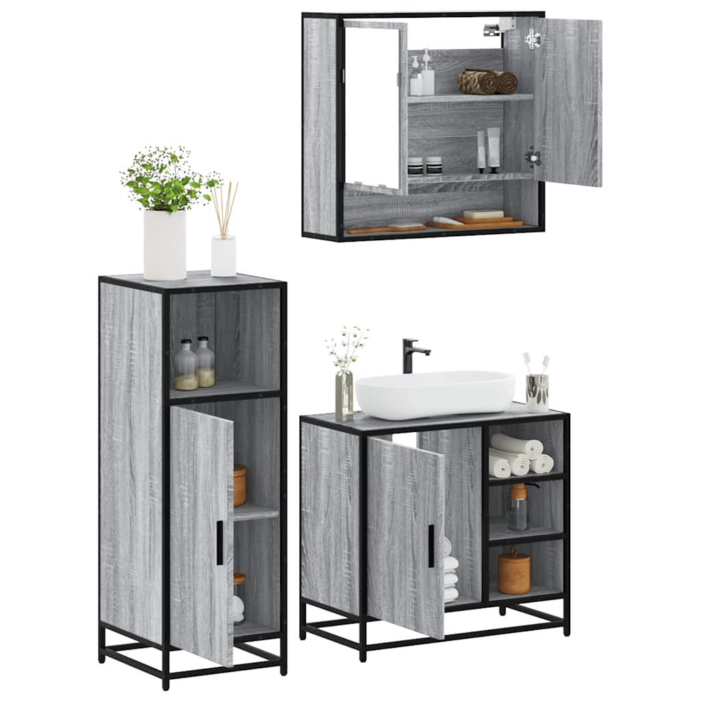 Set mobilier de baie, 3 piese, gri sonoma, lemn prelucrat