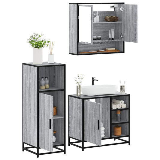 Set mobilier de baie, 3 piese, gri sonoma, lemn prelucrat