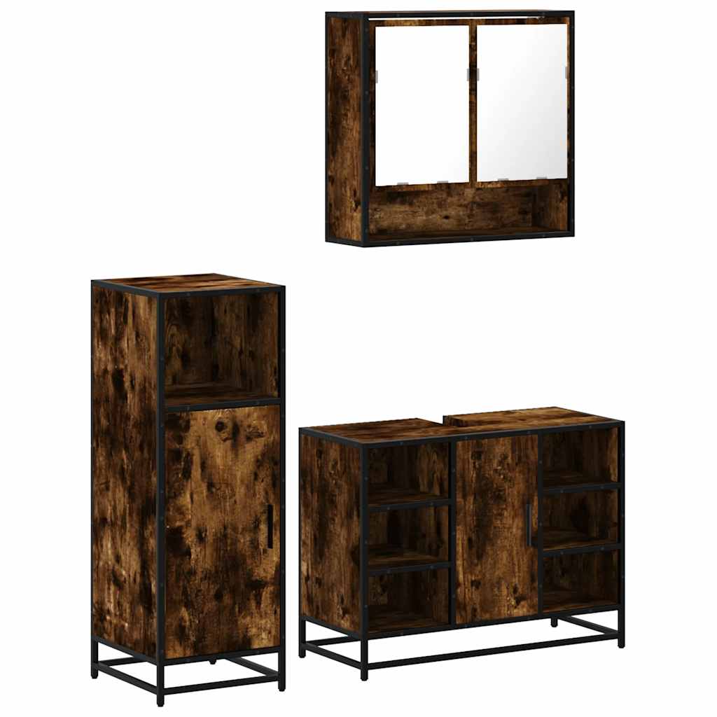 Set mobilier de baie, 3 piese, stejar fumuriu, lemn prelucrat